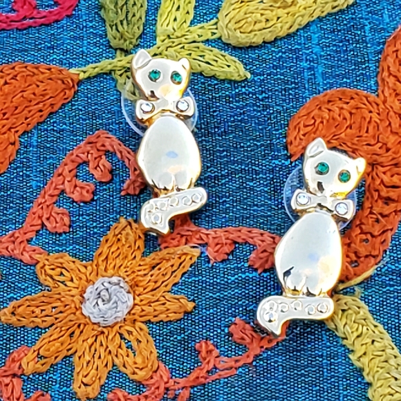Vintage Cat Earrings Dangle Rhinestones Post - Picture 4 of 6